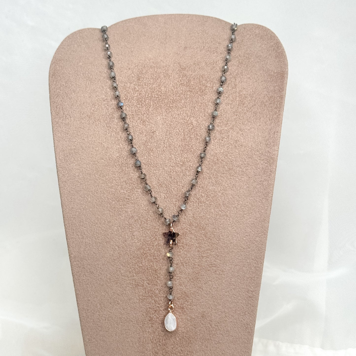 Collana rosario cm45 argento 925 base rutenio con stella piena e pietra goccia pendente - Lumiere Bijoux