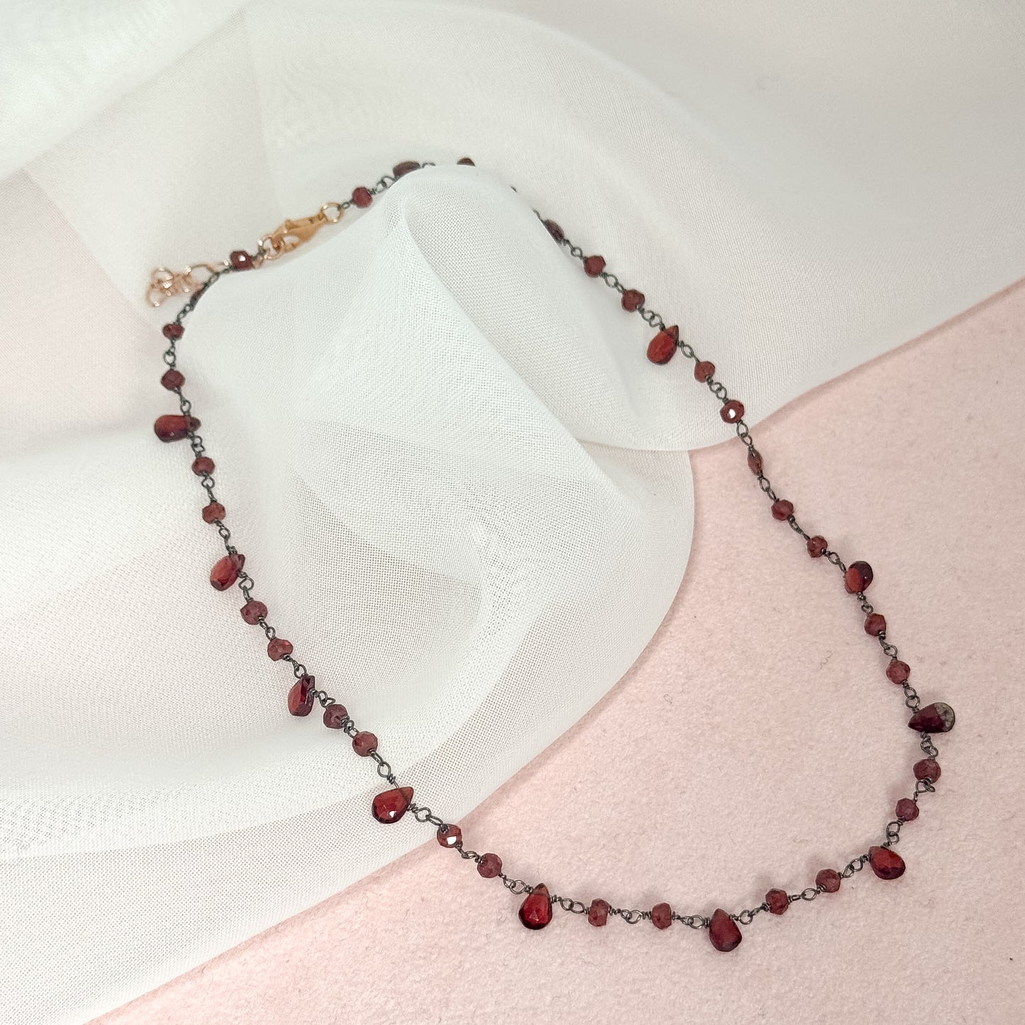 Collana cm35 gocce di granato argento 925 rosé - Lumiere Bijoux