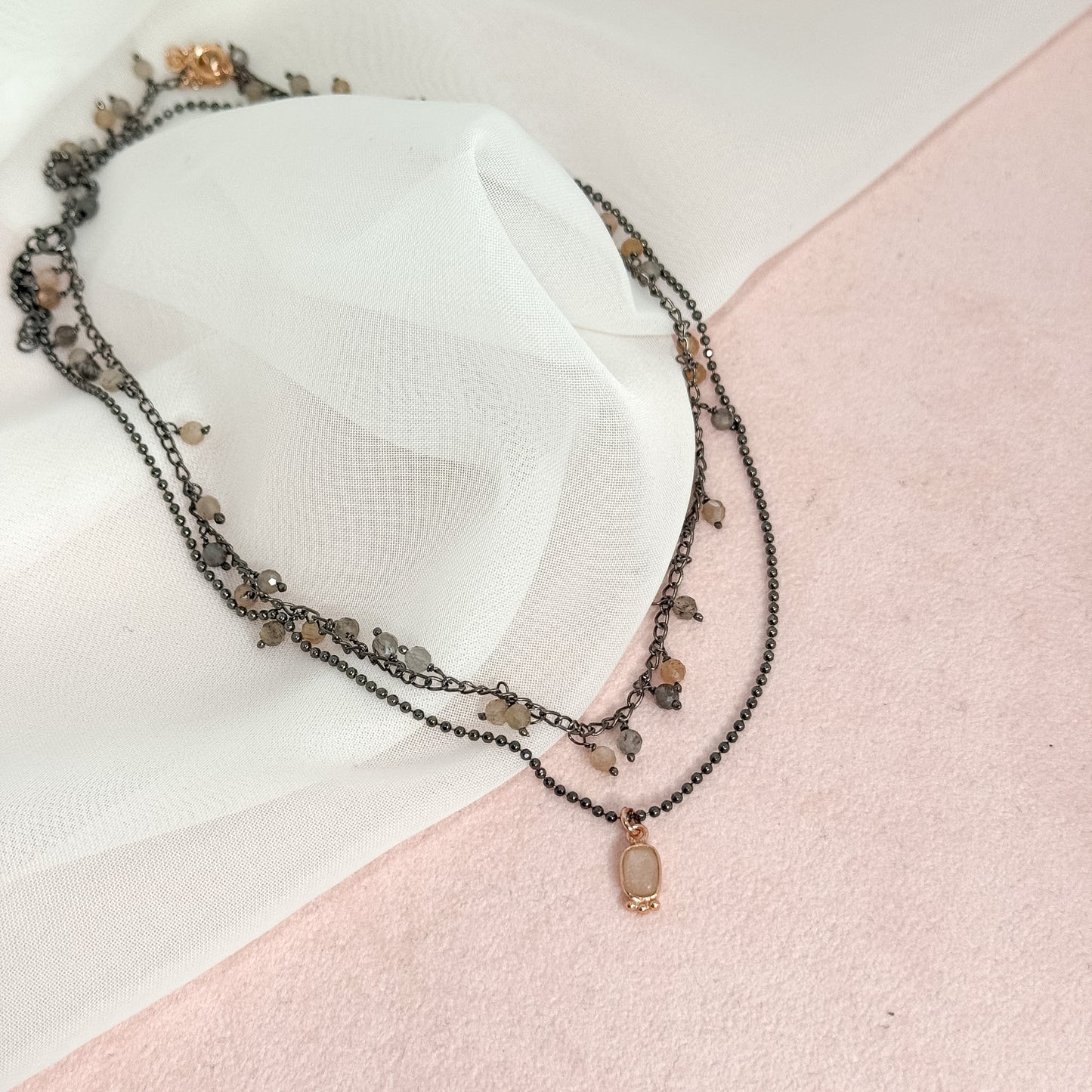 Collana cm40 catena militare argento 925 base rutenio con pietra di luna pendente - Lumiere Bijoux
