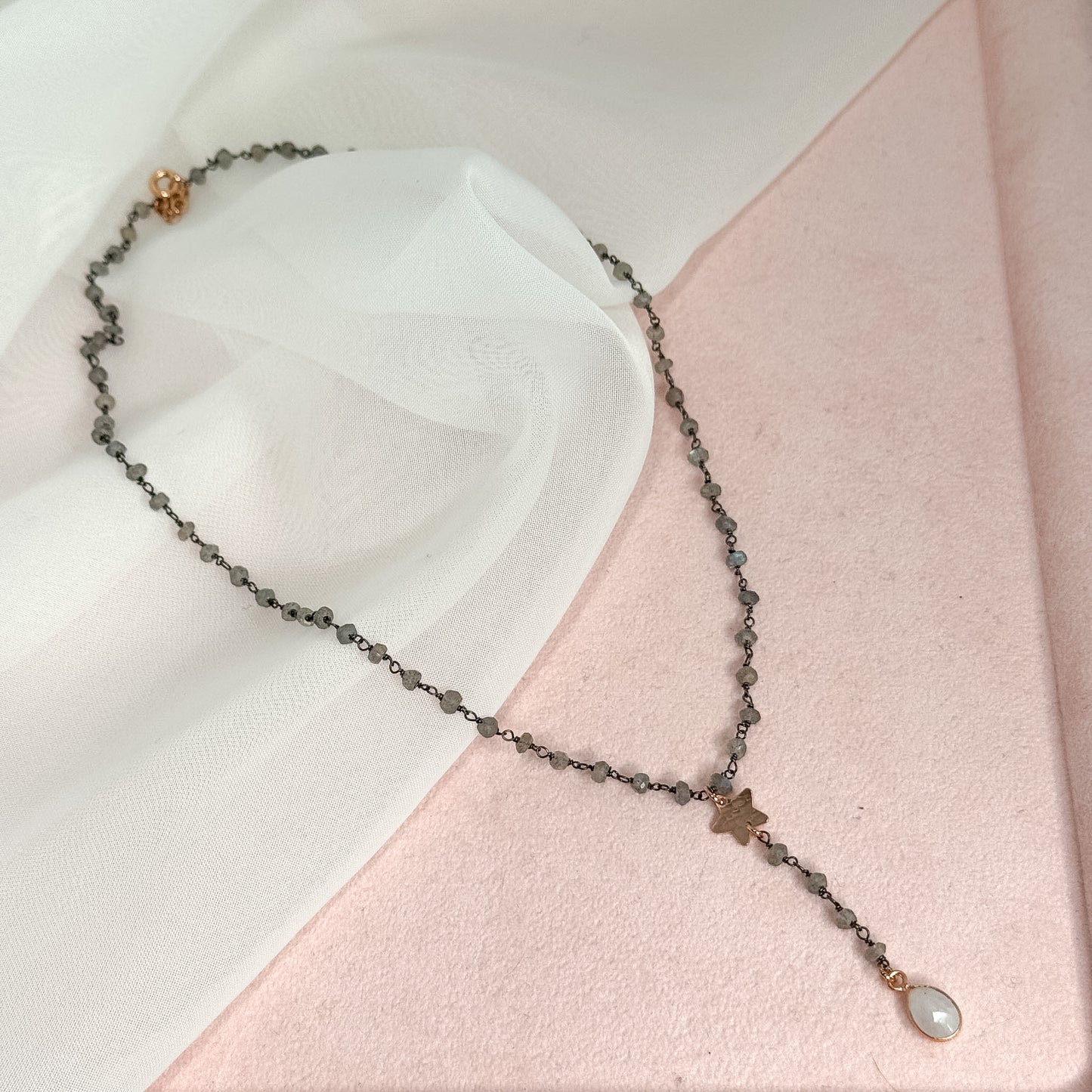 Collana rosario cm45 argento 925 base rutenio con stella piena e pietra goccia pendente - Lumiere Bijoux