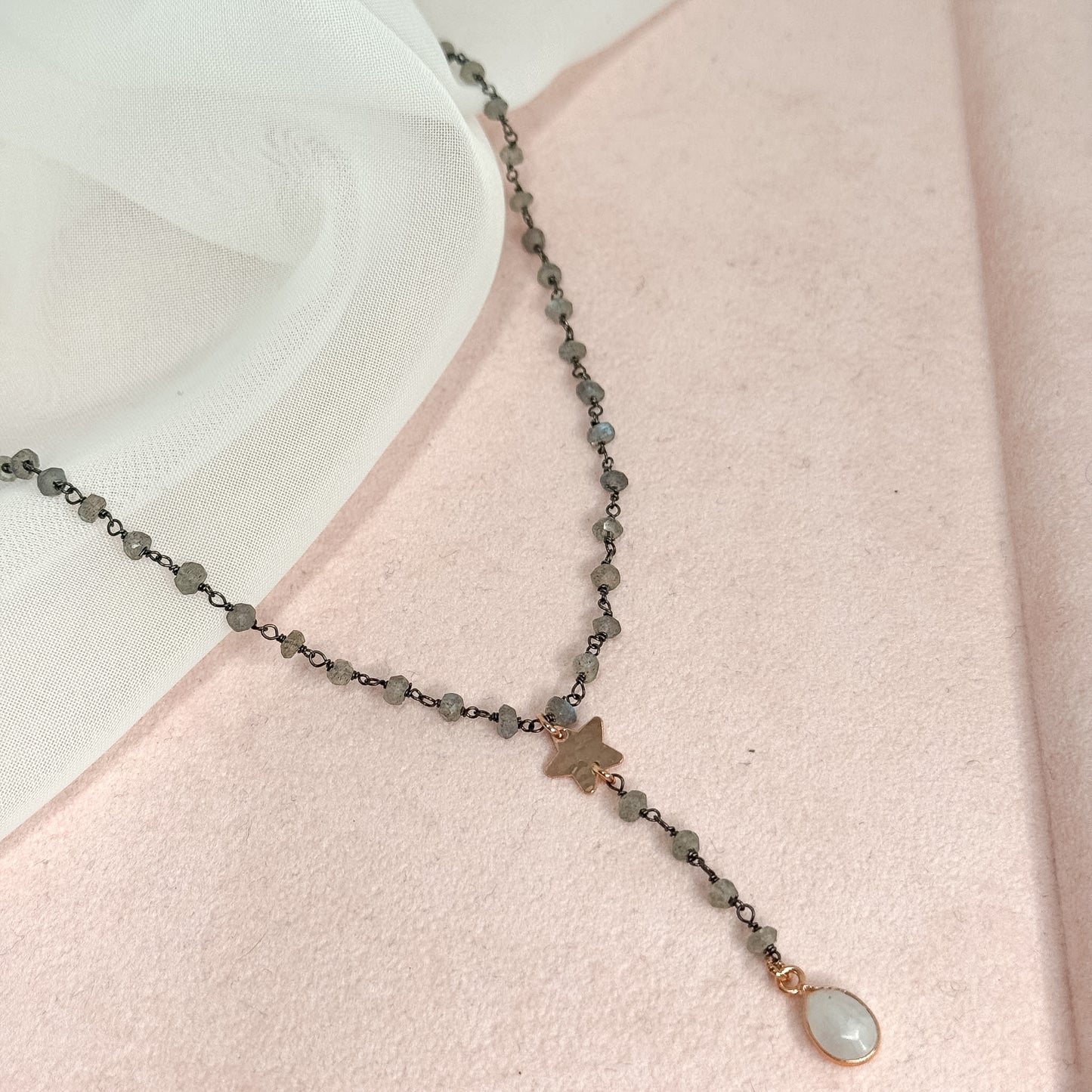 Collana rosario cm45 argento 925 base rutenio con stella piena e pietra goccia pendente - Lumiere Bijoux