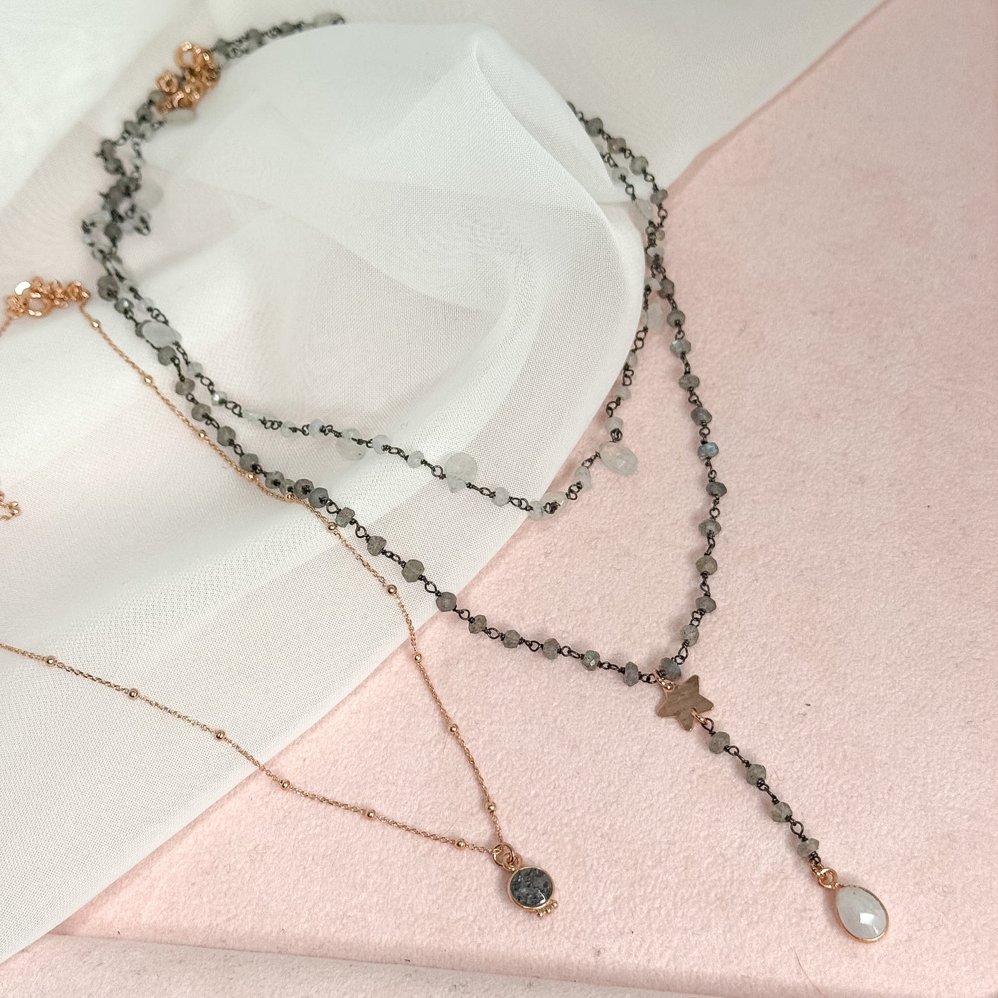 Collana rosario cm45 argento 925 base rutenio con stella piena e pietra goccia pendente - Lumiere Bijoux