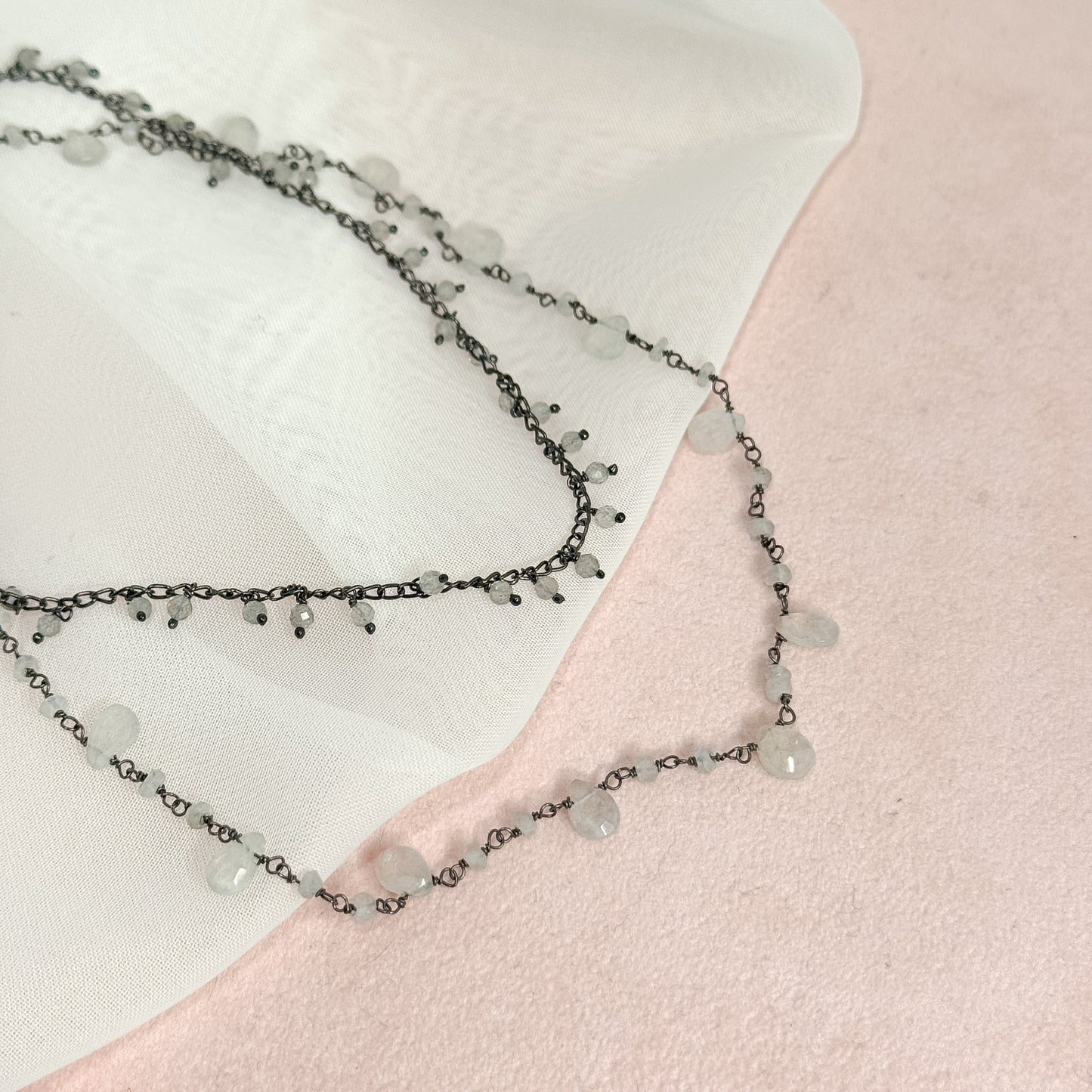 Collana choker cm35 pietre di luna bianca pendenti argento 925 base rutenio - Lumiere Bijoux