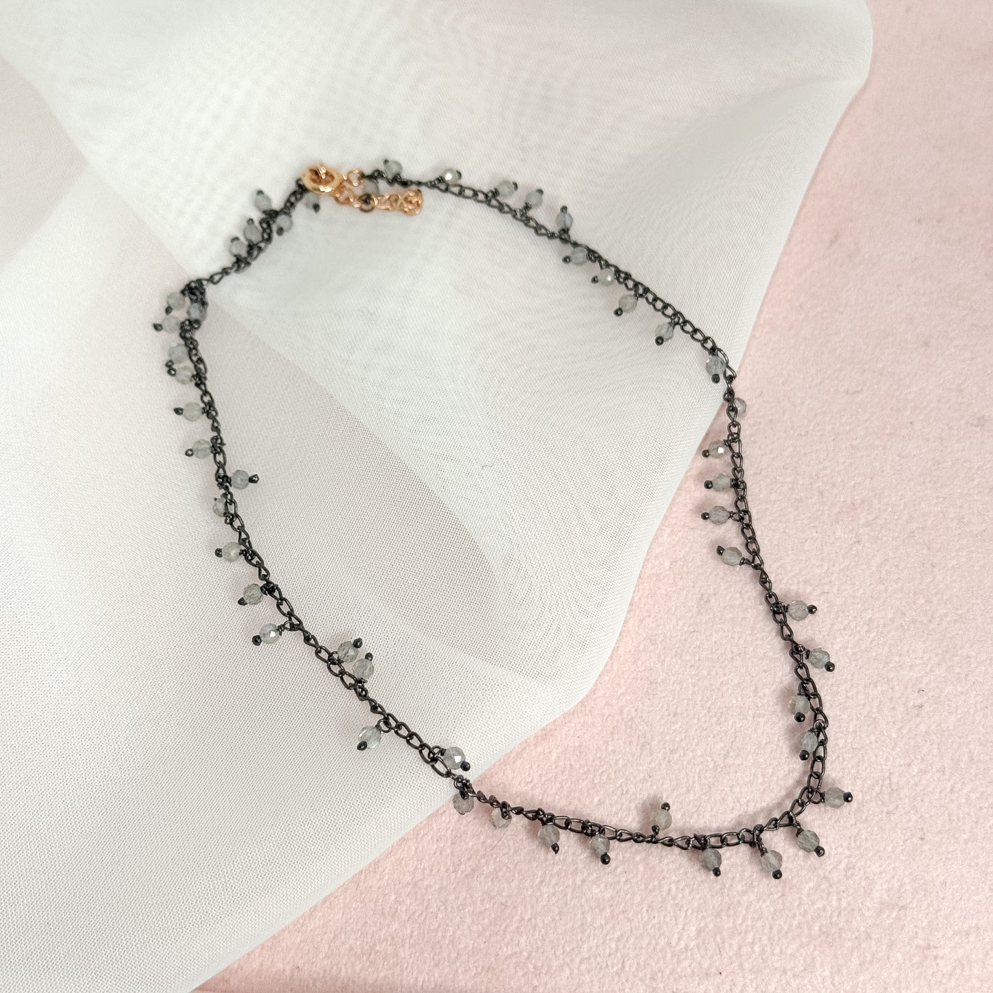 Collana choker cm35 pietre di luna bianca pendenti argento 925 base rutenio - Lumiere Bijoux