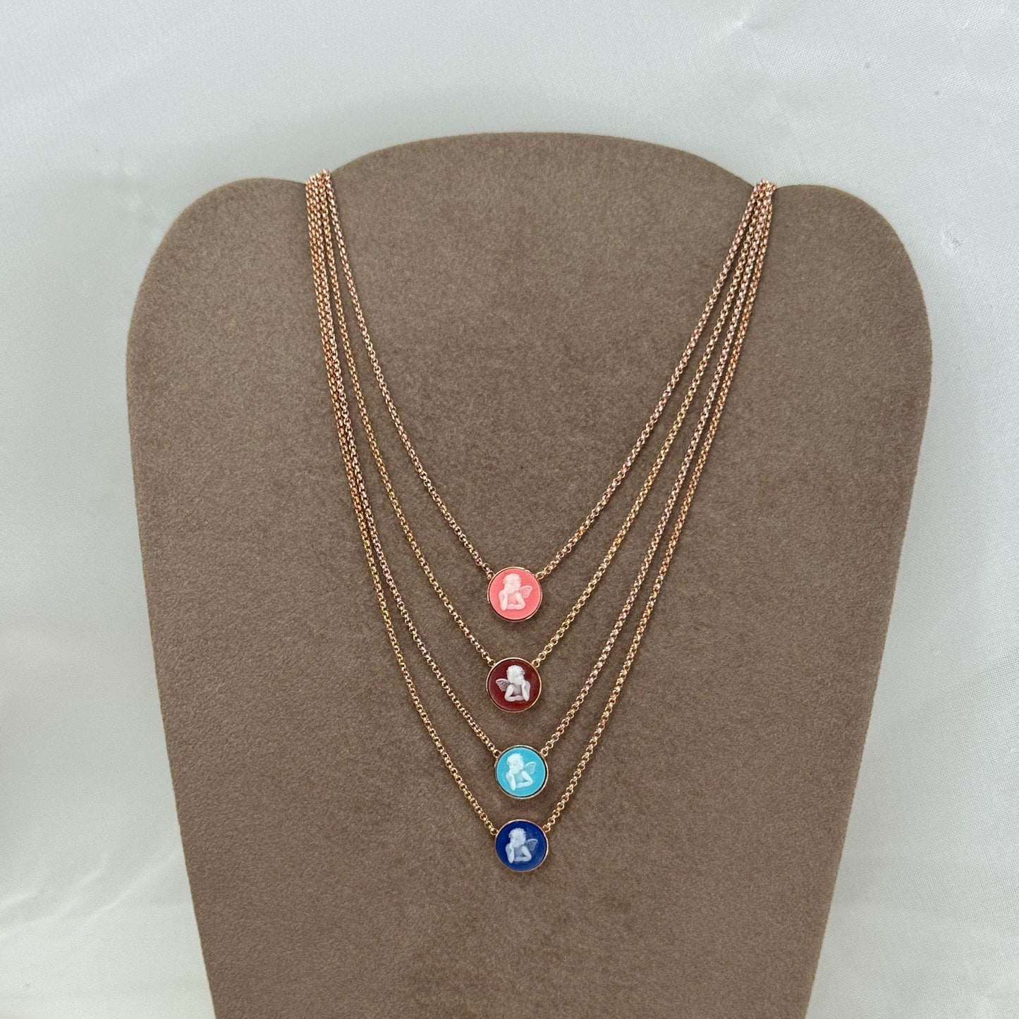 Collana catena rolò con cameo angelo in linea in argento rosé - Lumiere Bijoux