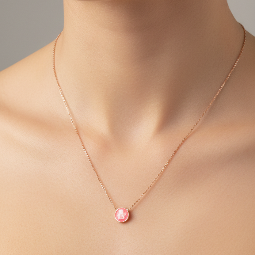 Collana catena rolò con cameo angelo in linea in argento rosé - Lumiere Bijoux