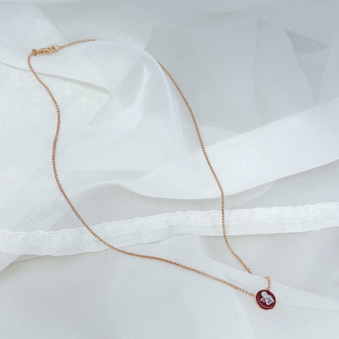Collana catena rolò con cameo angelo in linea in argento rosé - Lumiere Bijoux