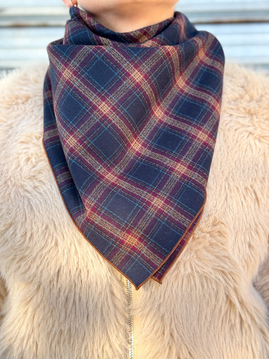 Foulard in lana tartan blu cammello bordeaux 70x70 cm - Lumiere Bijoux