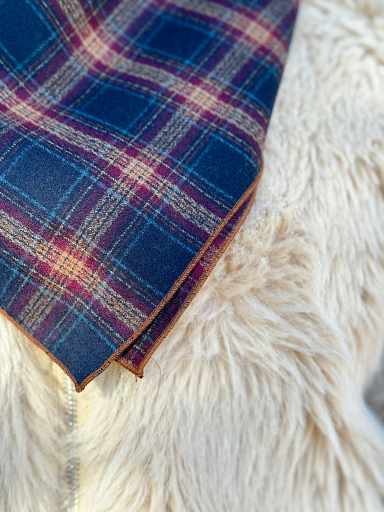 Foulard in lana tartan blu cammello bordeaux 70x70 cm - Lumiere Bijoux