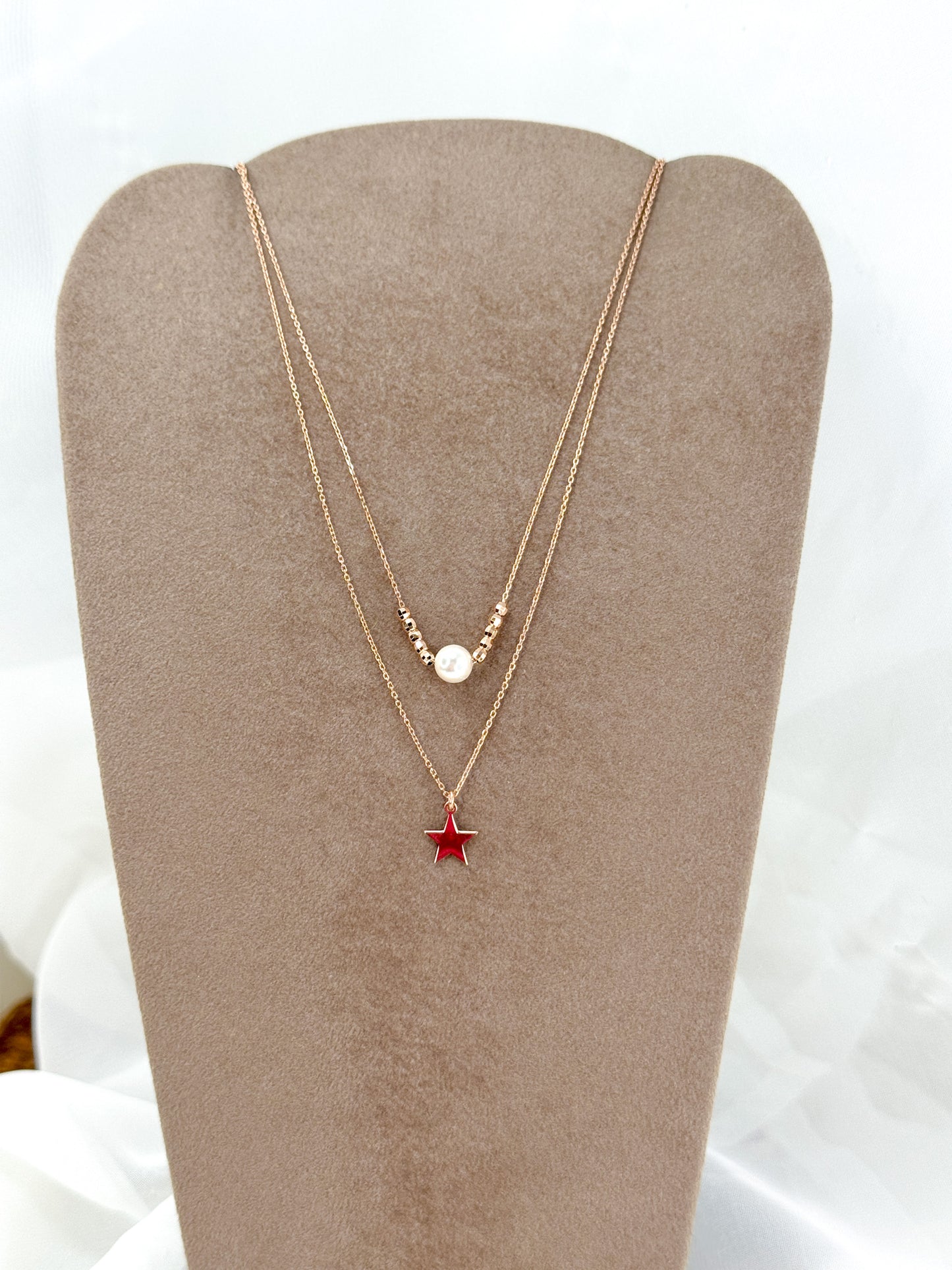 Unica collana a due fili con perla pepite diamantate e stella pendente in argento rosé - Lumiere Bijoux