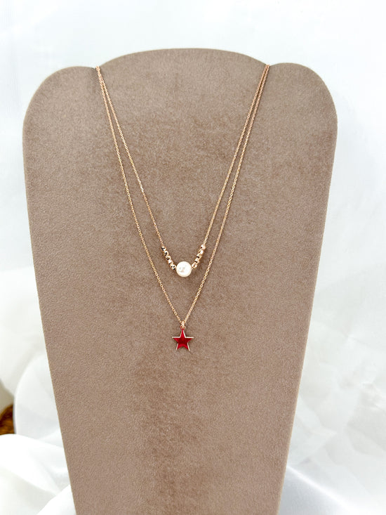 Unica collana a due fili con perla pepite diamantate e stella pendente in argento rosé - Lumiere Bijoux