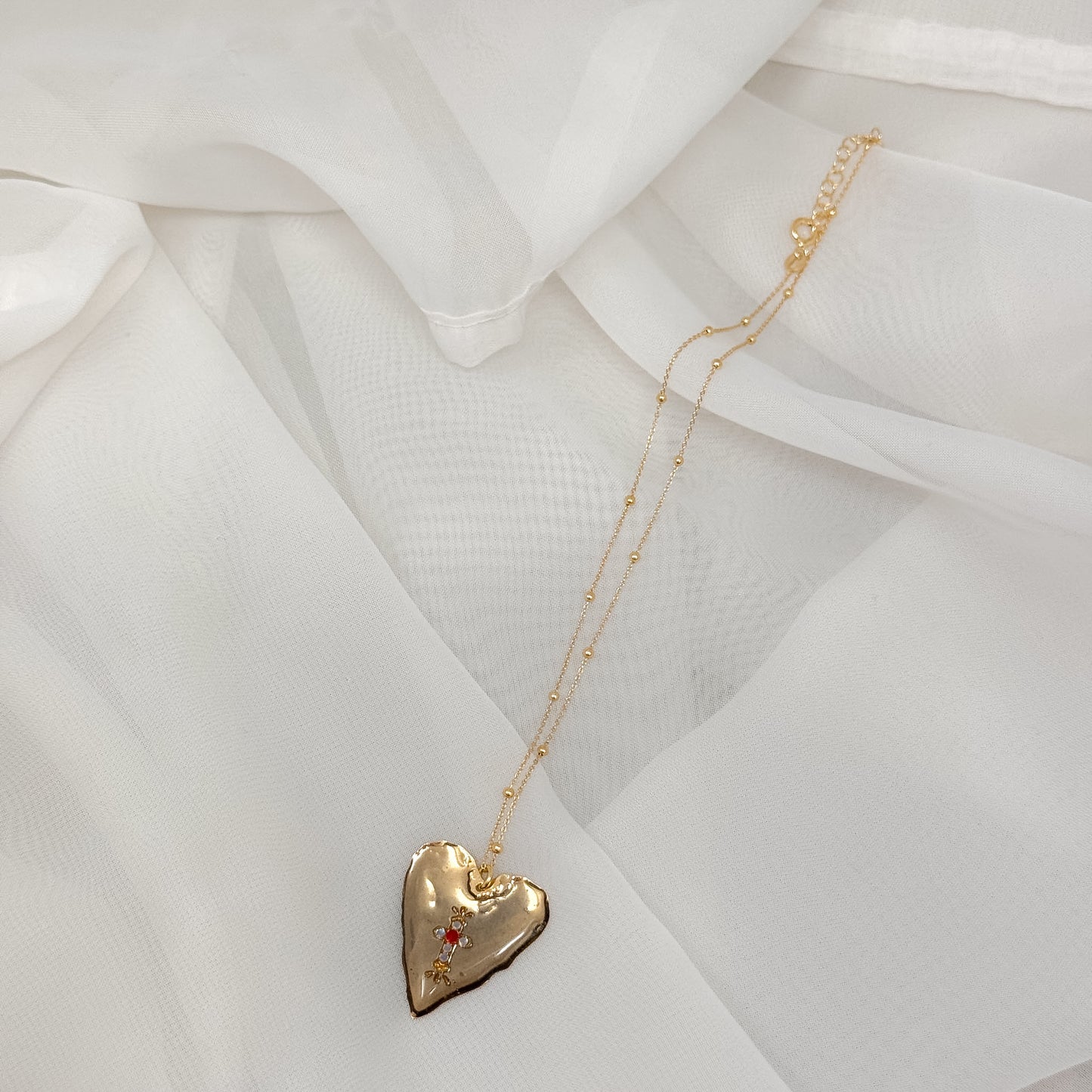Collana catena rosario e cuore smaltato grigio con croce centrale argento 925 oro - Lumiere Bijoux