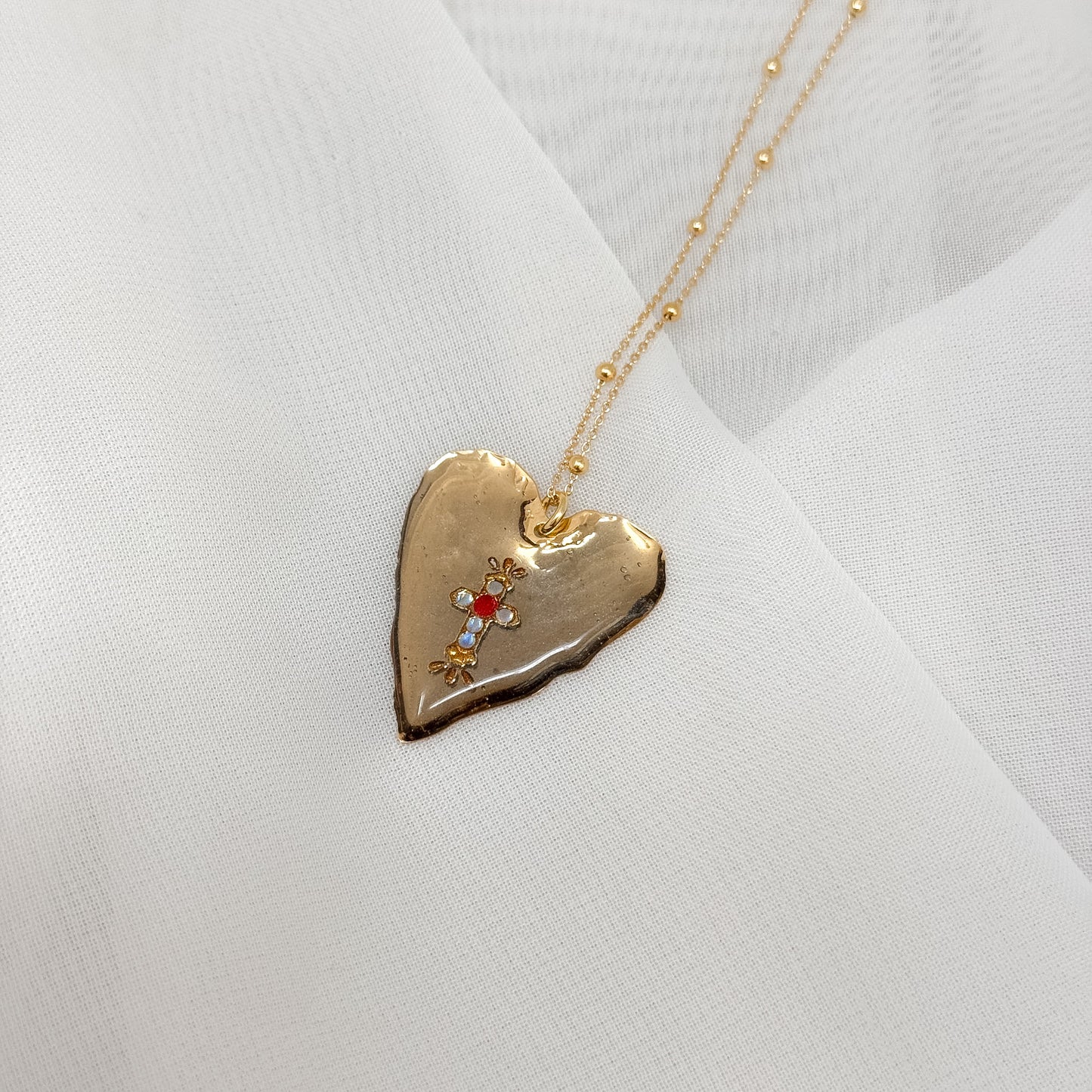 Collana catena rosario e cuore smaltato grigio con croce centrale argento 925 oro - Lumiere Bijoux
