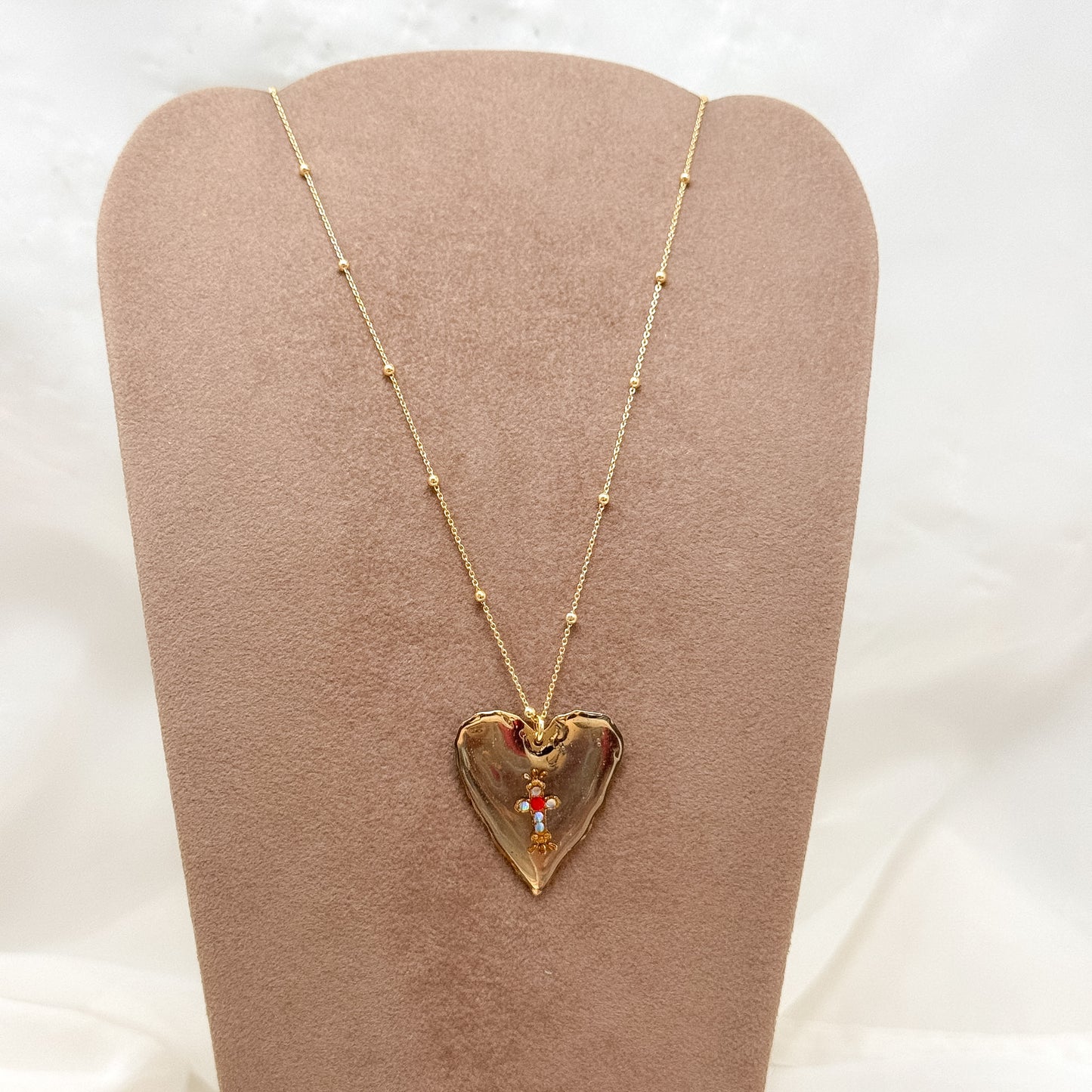 Collana catena rosario e cuore smaltato grigio con croce centrale argento 925 oro - Lumiere Bijoux