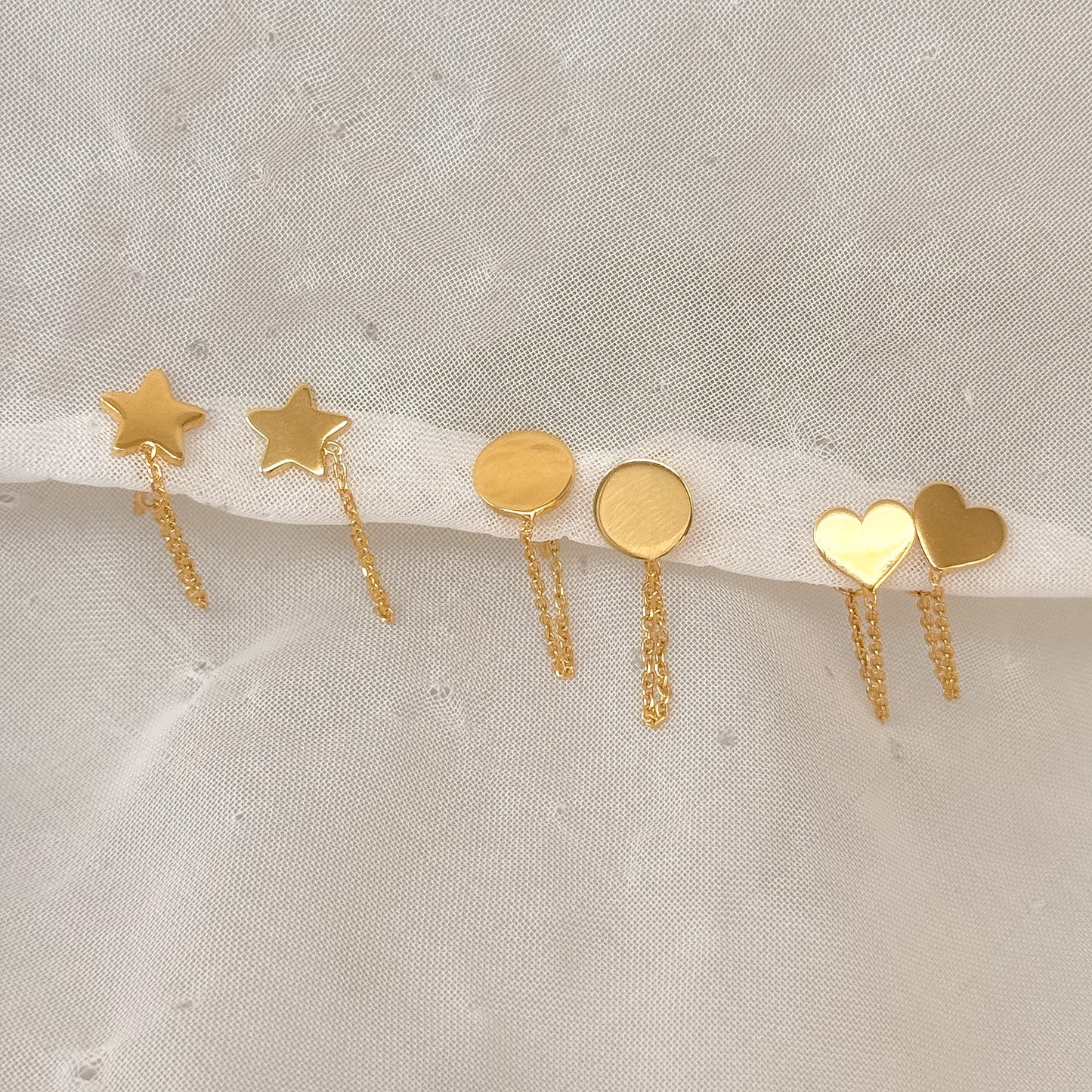 Coppia orecchini a lobo barretta - cuore - stella o cerchio e catenella avvolgi lobo oro giallo - Lumiere Bijoux