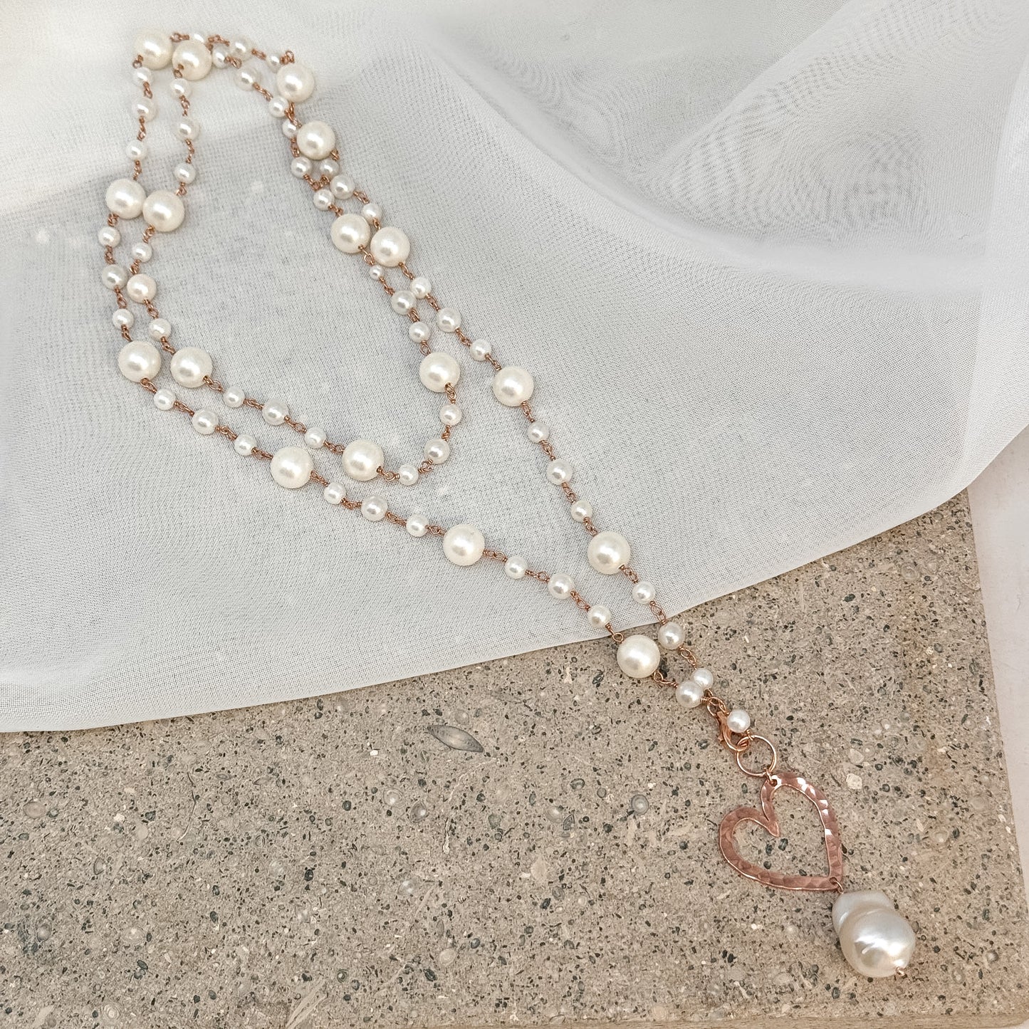 Collana lunga trasformabile 75cm argento 925 rosé perle e cuore NINI vuoto - Lumiere Bijoux