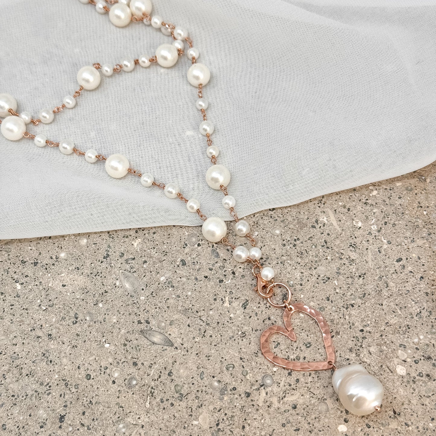 Collana lunga trasformabile 75cm argento 925 rosé perle e cuore NINI vuoto - Lumiere Bijoux