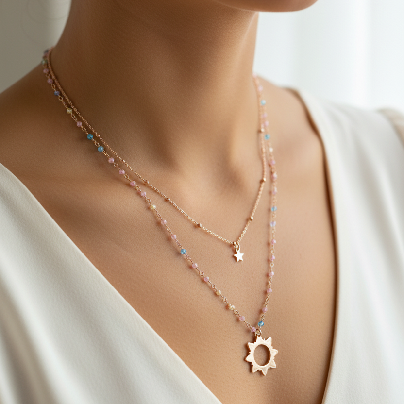 Collana due fili micro cristalli rosa verdi azzurri pendente stella sole chiuso - pezzo unico - Lumiere Bijoux