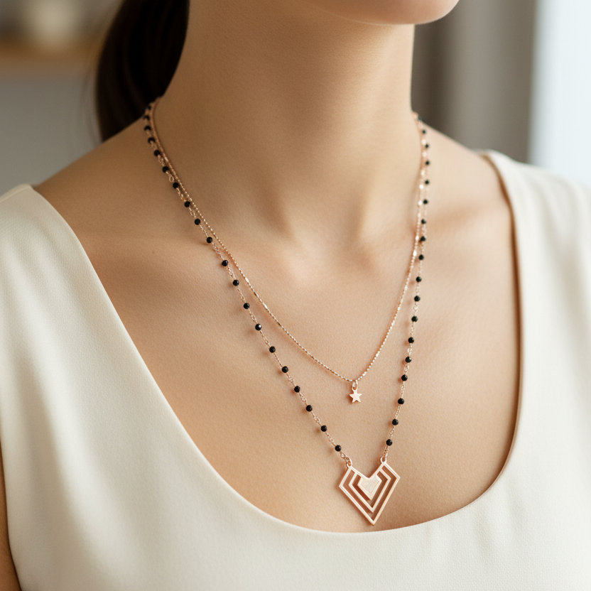 Collana due fili micro cristalli neri pendenti microstella e triangolo - pezzo unico - Lumiere Bijoux
