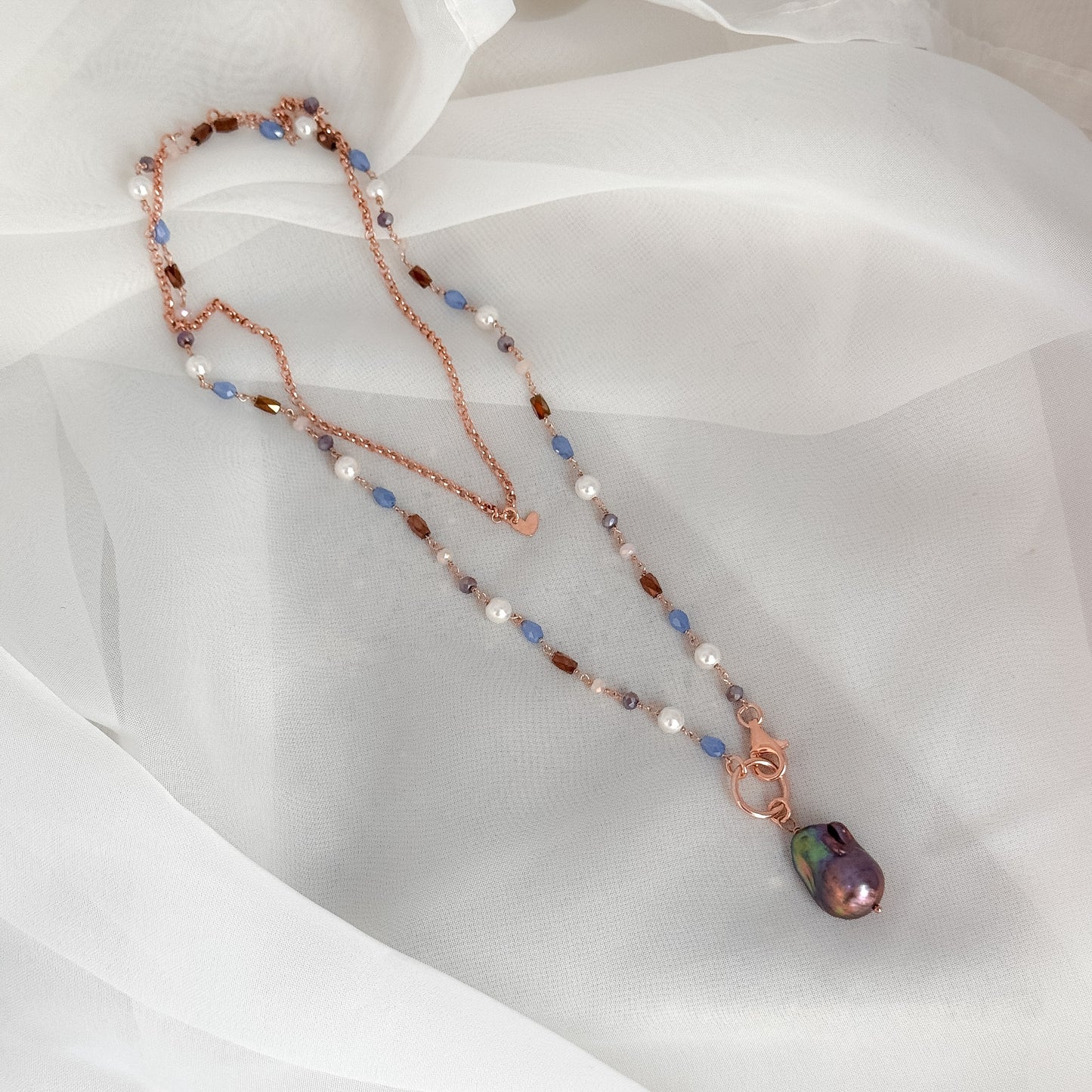 Collana magica lunga trasformabile cm 75 argento con perla barocca nera e micro cuore - Lumiere Bijoux