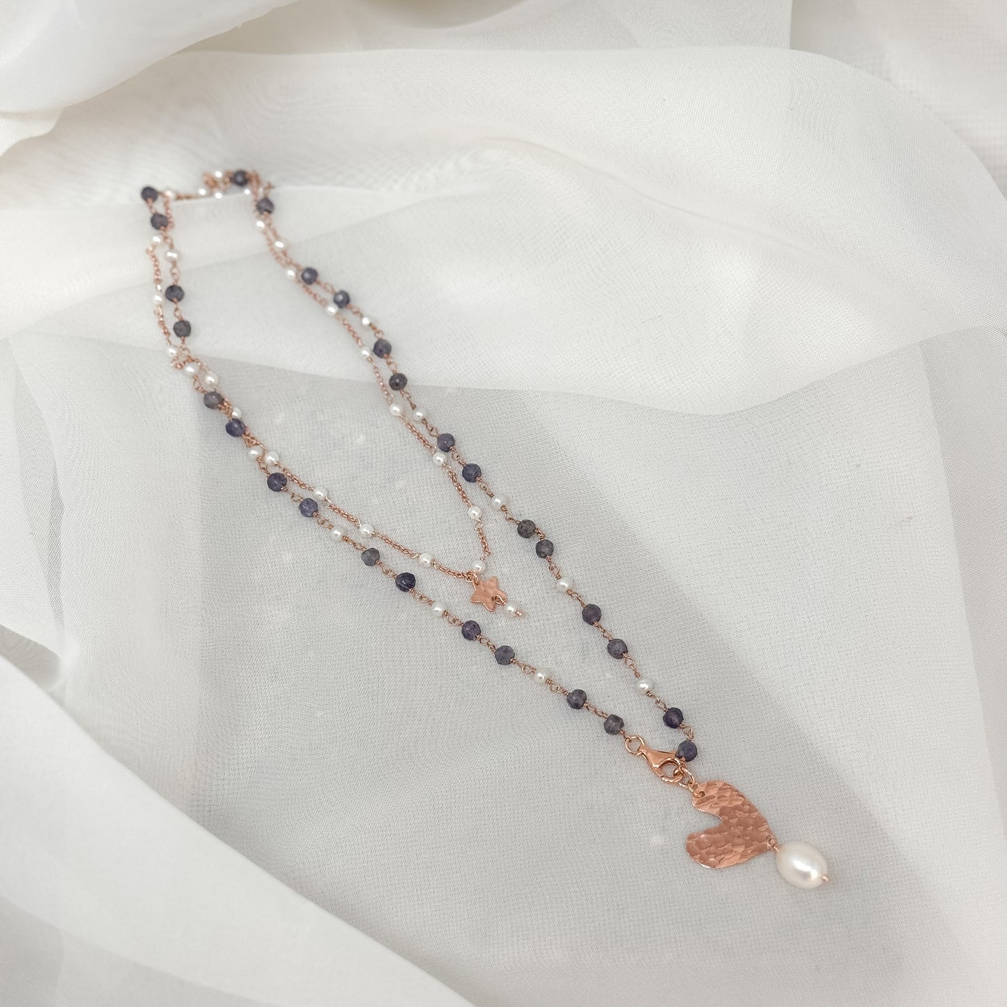 Collana magica lunga trasformabile cm 75 argento con cuore di NINI e stella battua - Lumiere Bijoux