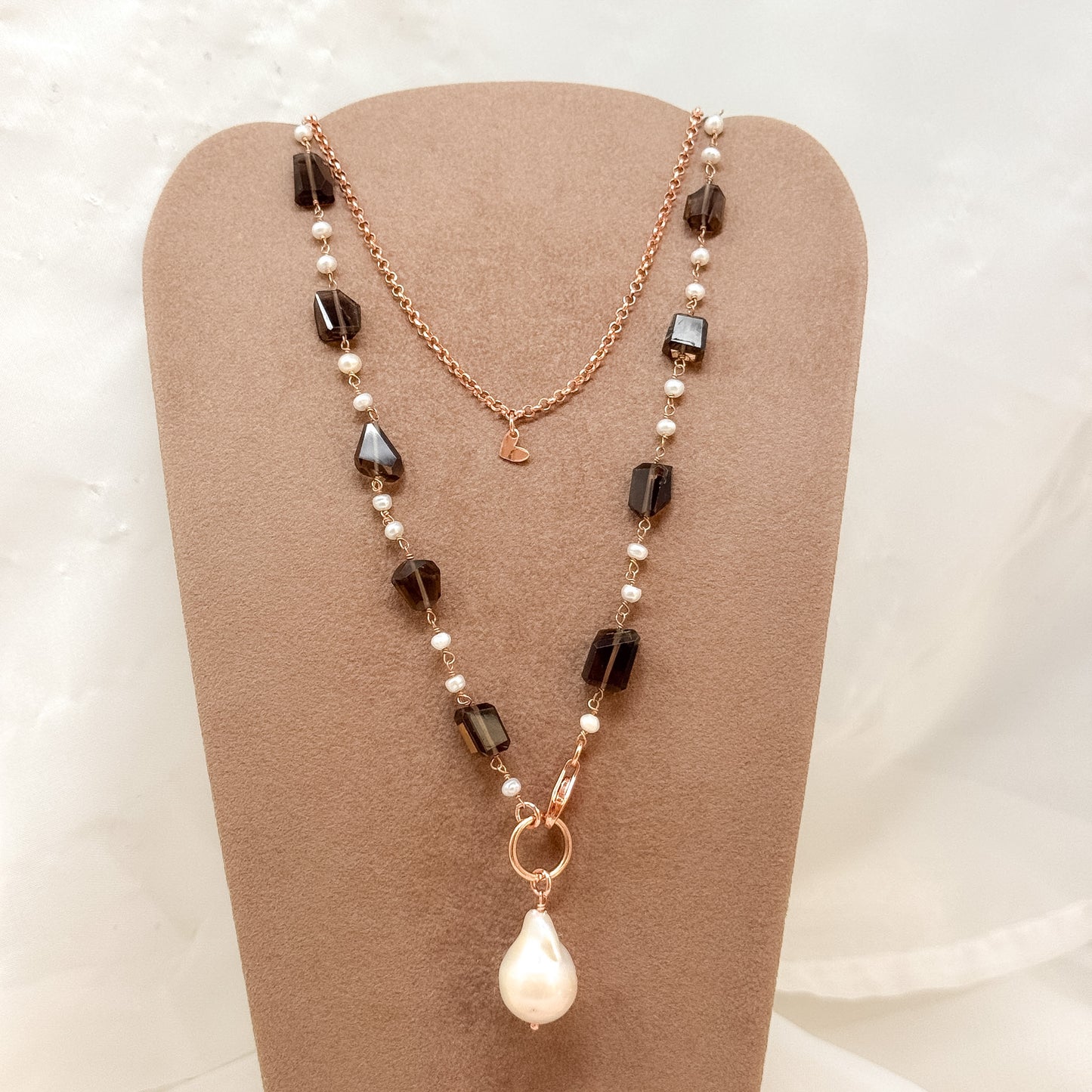 Collana magica lunga trasformabile cm 75 argento con quarzo fumé e perla barocca - Lumiere Bijoux