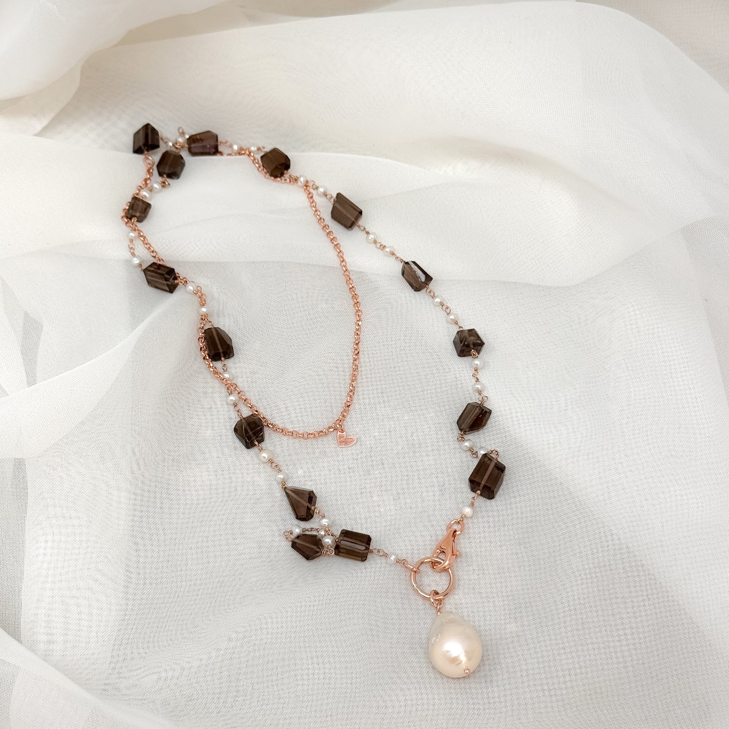 Collana magica lunga trasformabile cm 75 argento con quarzo fumé e perla barocca - Lumiere Bijoux