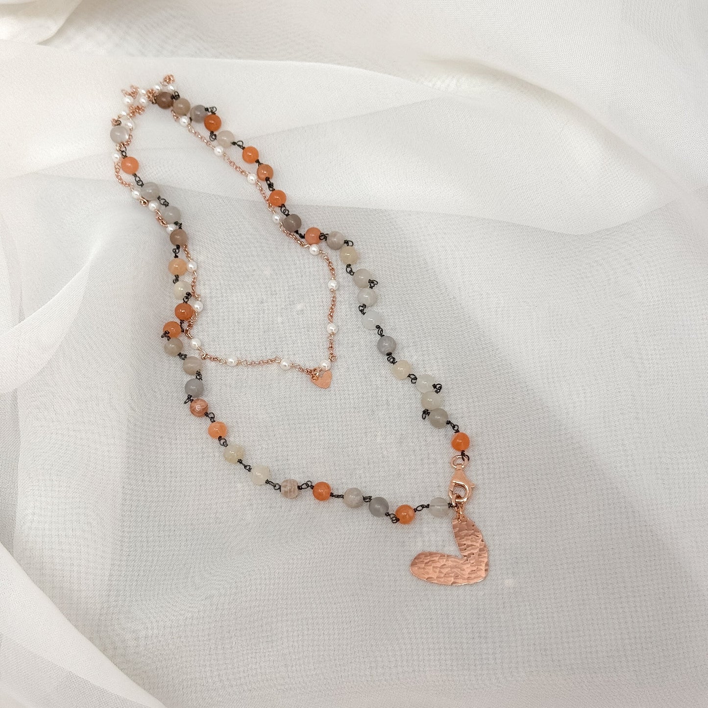 Collana magica lunga trasformabile cm 75 argento con pietra di luna e cuore bacio - Lumiere Bijoux