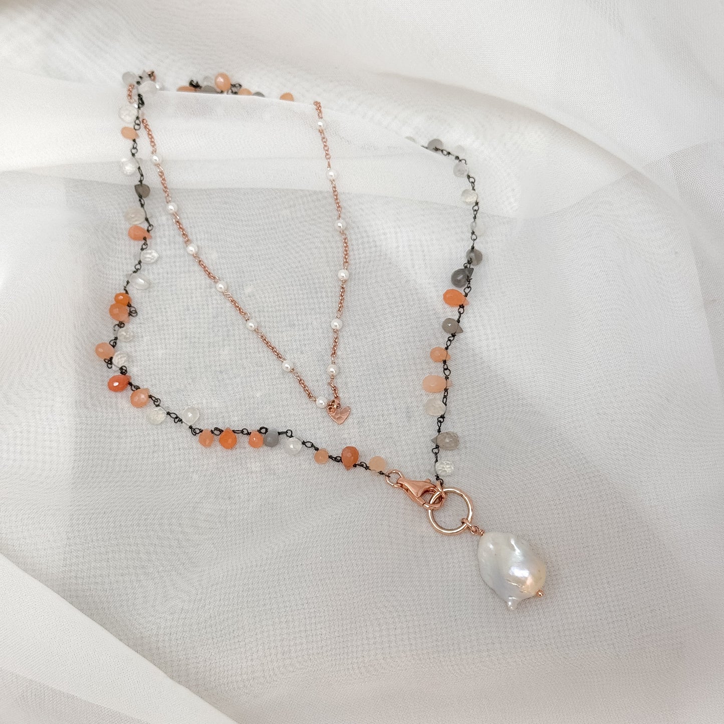 Collana magica lunga trasformabile cm 75 argento con pietra di luna e perla barocca - Lumiere Bijoux