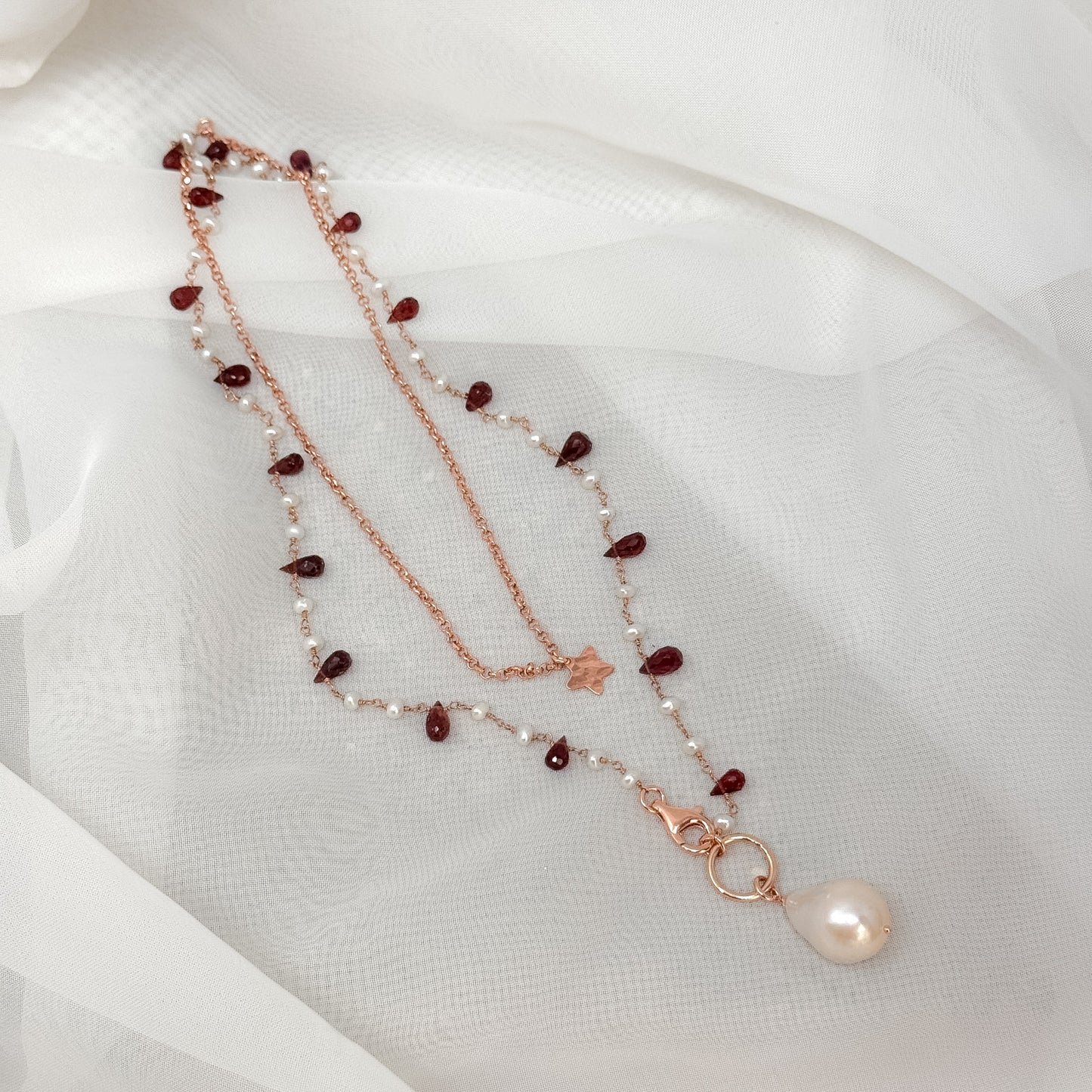 Collana magica lunga trasformabile cm 75 argento con perle e granato e perla barocca - Lumiere Bijoux