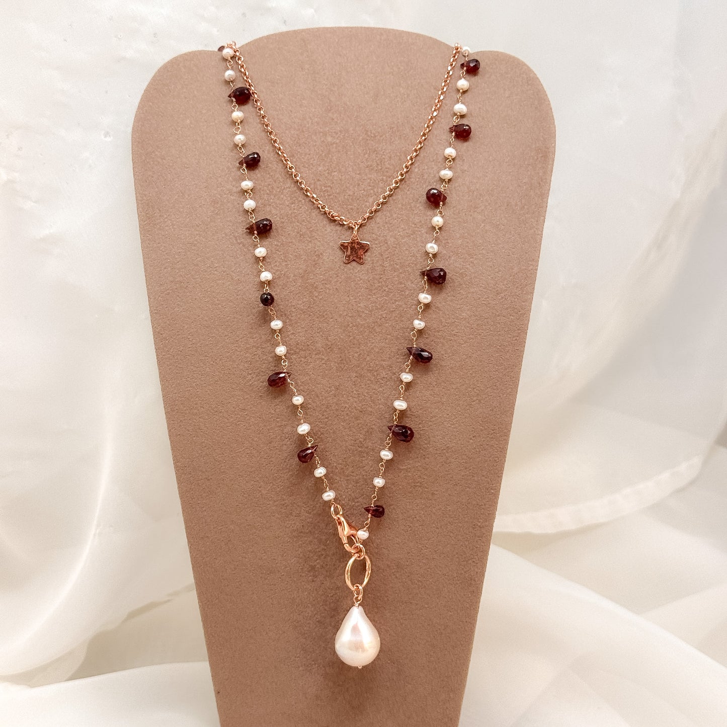 Collana magica lunga trasformabile cm 75 argento con perle e granato e perla barocca - Lumiere Bijoux
