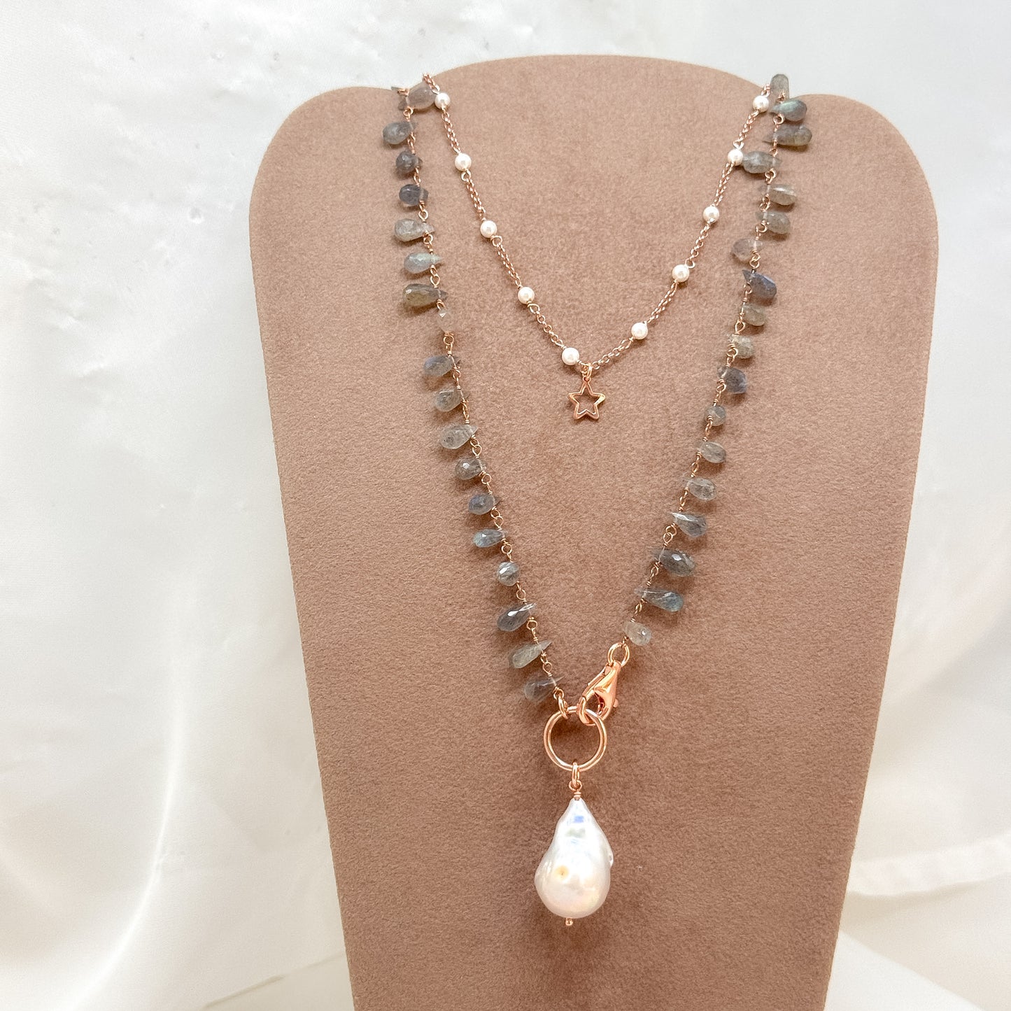 Collana magica lunga trasformabile cm 75 argento con labradorite e perla barocca - Lumiere Bijoux