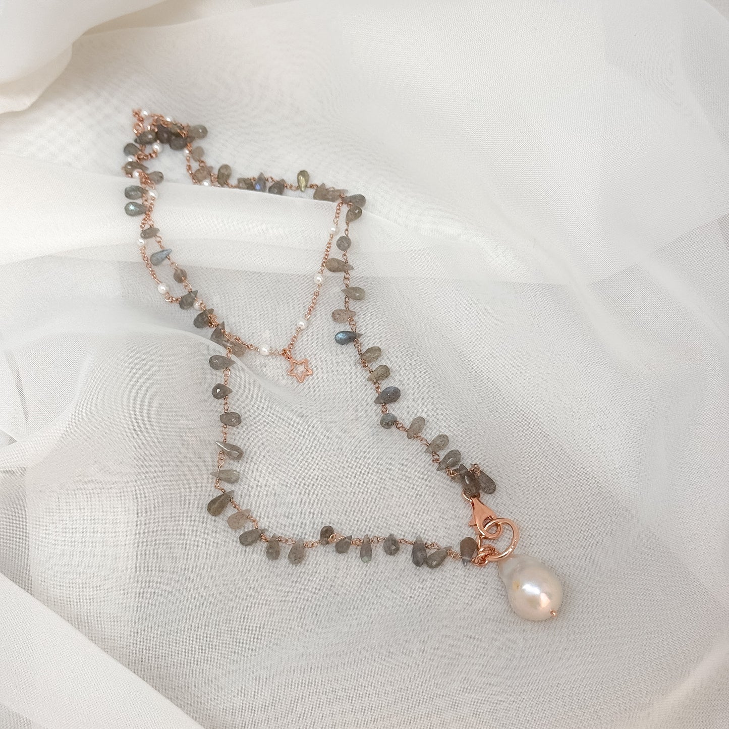 Collana magica lunga trasformabile cm 75 argento con labradorite e perla barocca - Lumiere Bijoux