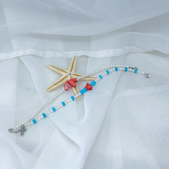 Cavigliera perle tonde sintetiche con corallo e/o turchese cm 21 base argento rodio - Lumiere Bijoux