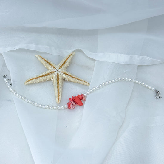 Cavigliera perle tonde sintetiche con corallo e/o turchese cm 21 base argento rodio - Lumiere Bijoux