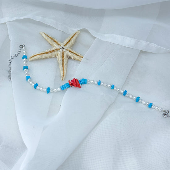 Cavigliera perle tonde sintetiche con corallo e/o turchese cm 21 base argento rodio - Lumiere Bijoux