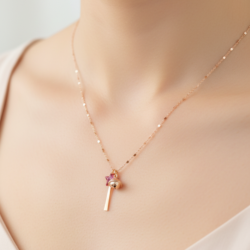 Collana catena dadini con bacchetta magica smalto glitter e campanellino cm 45 - Lumiere Bijoux