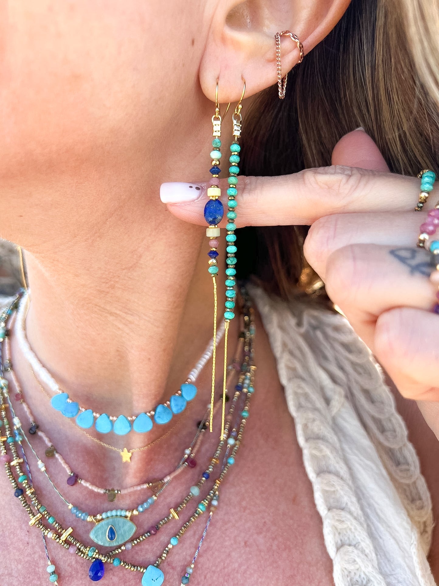 Coppia orecchini pendenti con cascata di turchese in argento 925 dorato - Lumiere Bijoux