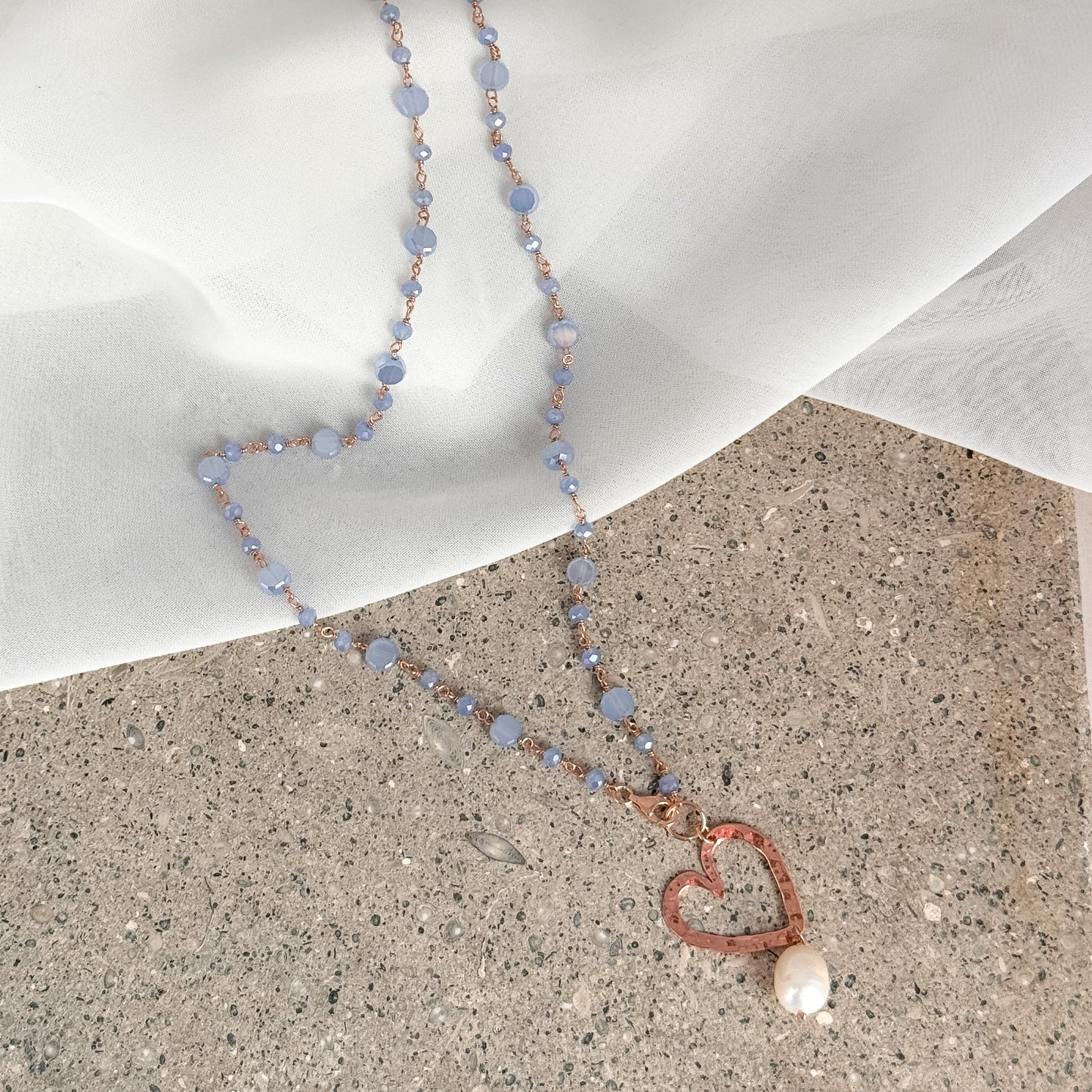 Collana lunga trasformabile cm 75 argento rosé soggetto battuto e perla naturale pendente - Lumiere Bijoux