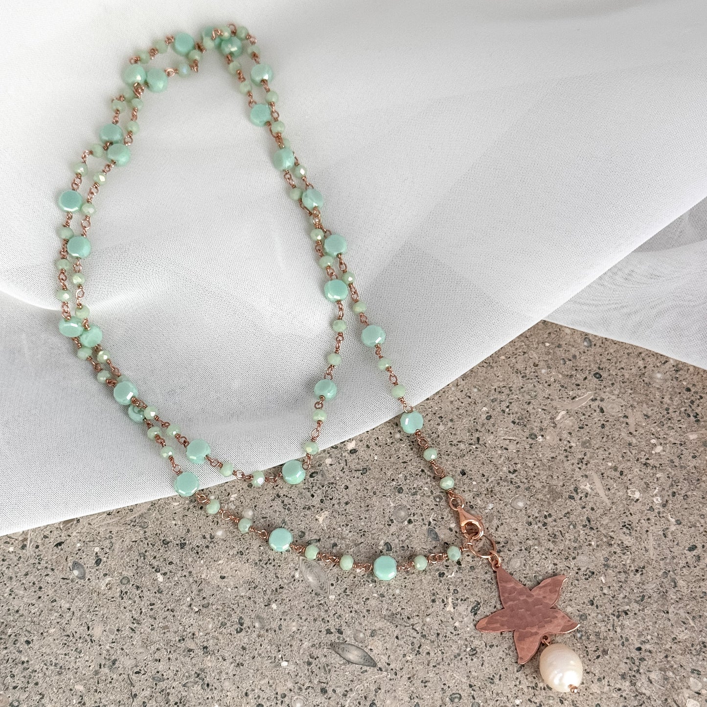 Collana lunga trasformabile cm 75 argento rosé soggetto battuto e perla naturale pendente - Lumiere Bijoux
