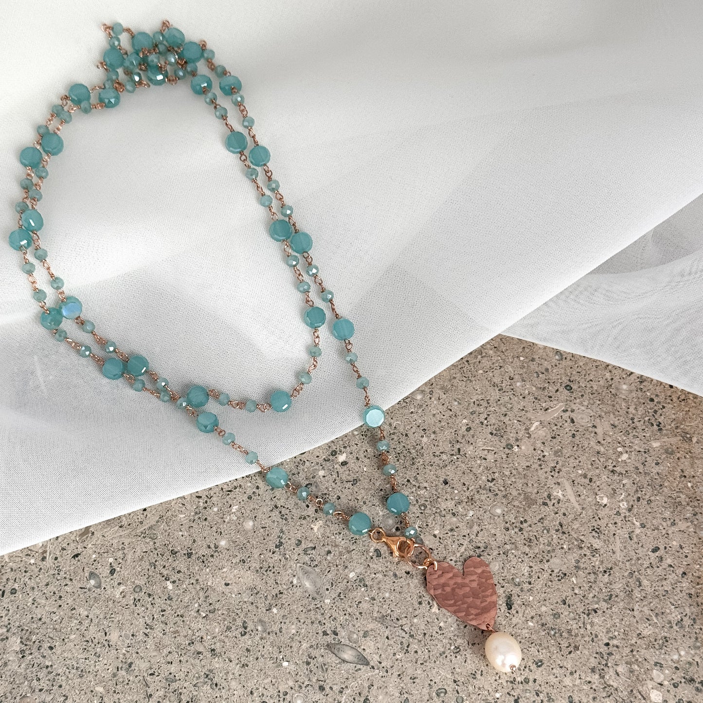 Collana lunga trasformabile cm 75 argento rosé soggetto battuto e perla naturale pendente - Lumiere Bijoux
