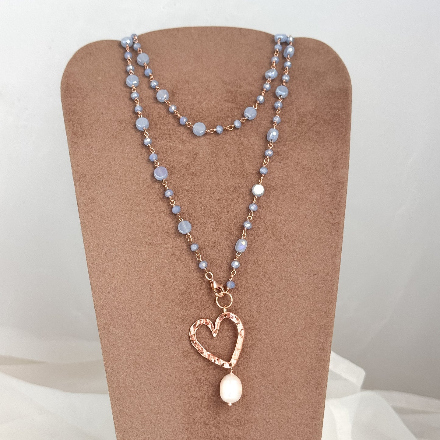 Collana lunga trasformabile cm 75 argento rosé soggetto battuto e perla naturale pendente - Lumiere Bijoux