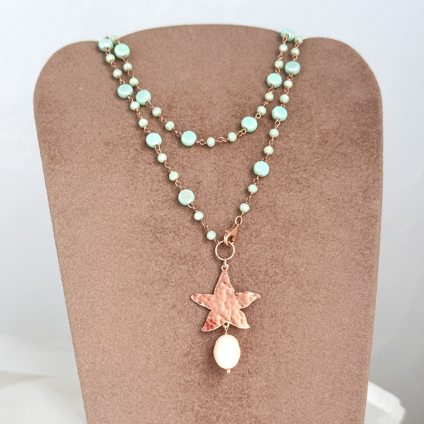 Collana lunga trasformabile cm 75 argento rosé soggetto battuto e perla naturale pendente - Lumiere Bijoux