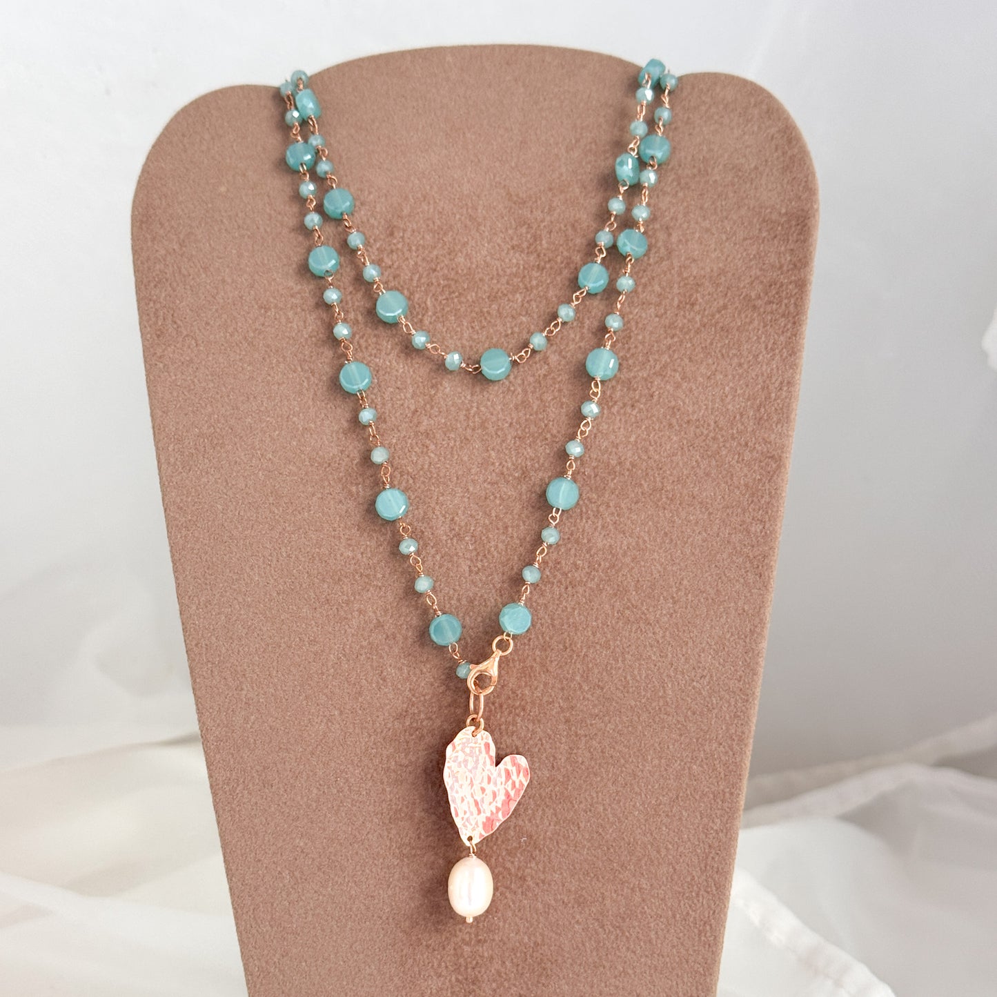 Collana lunga trasformabile cm 75 argento rosé soggetto battuto e perla naturale pendente - Lumiere Bijoux