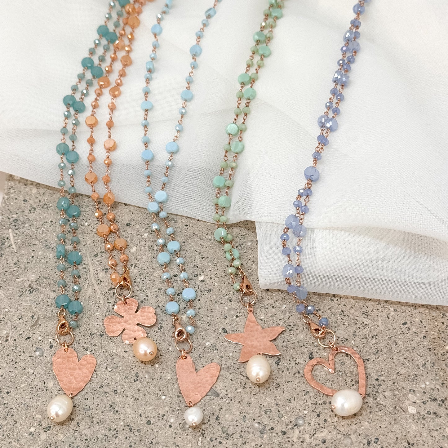 Collana lunga trasformabile cm 75 argento rosé soggetto battuto e perla naturale pendente - Lumiere Bijoux