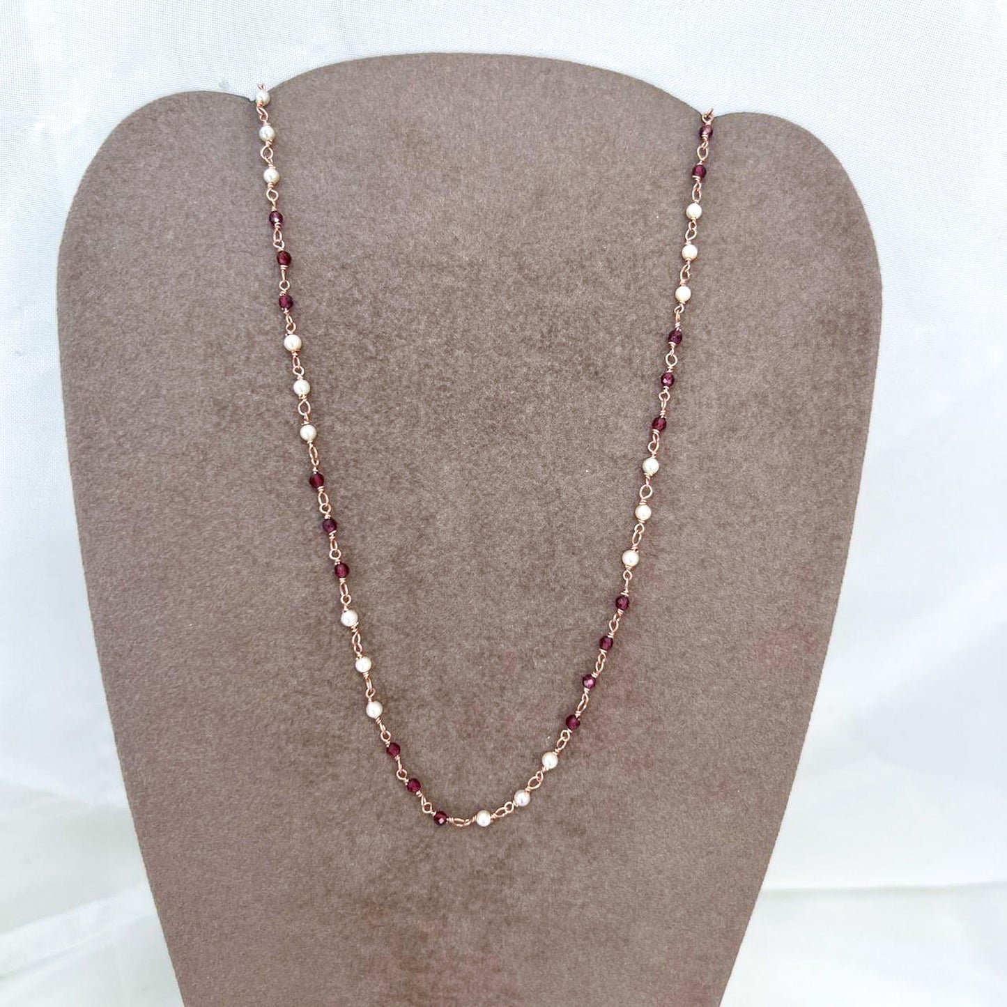 Collana Granato e Perle Bianche Naturali - 38cm argento rosé - Lumiere Bijoux