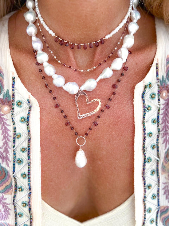 Collana Granato e Perle Bianche Naturali - 38cm argento rosé - Lumiere Bijoux