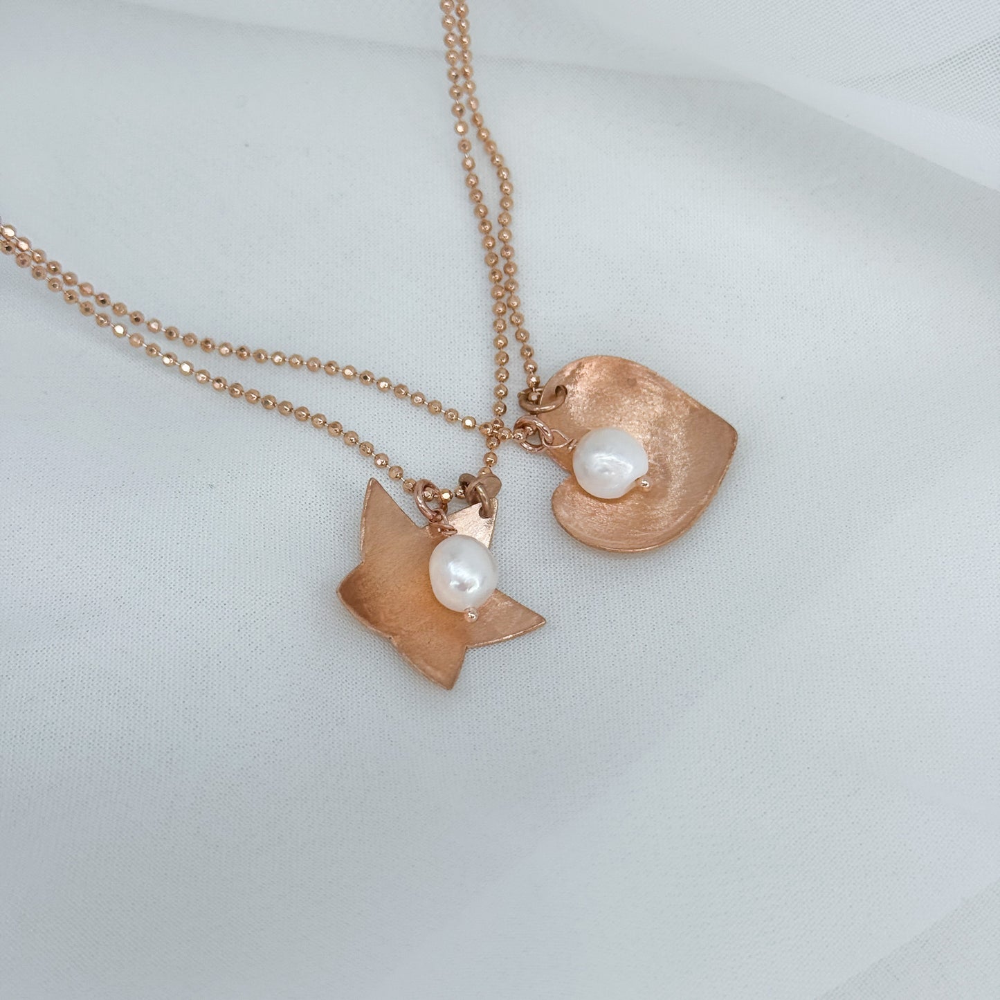 Collana cm 50 catena militare diamantata con stella o cuore scodella satinato e perla bianca - Lumiere Bijoux