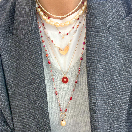 Collana lunga mix cristalli multiforme bordeaux e fango con perla sassetto rosa - PEZZO UNICO