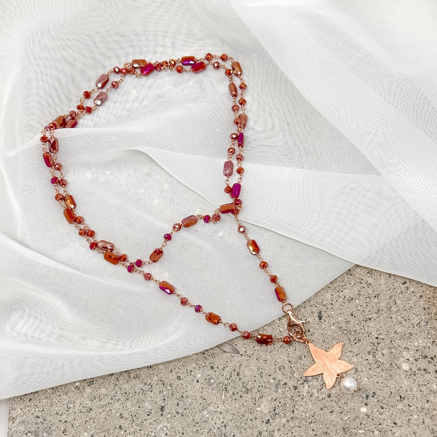 Collana magica lunga trasformabile cm 75 argento rosé soggetto e perla naturale pendente - Lumiere Bijoux